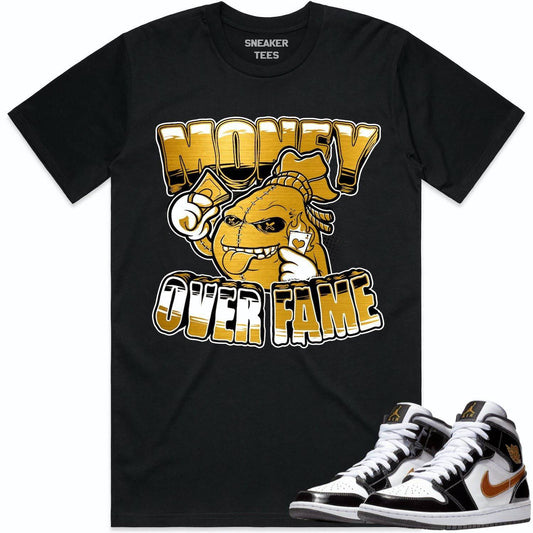 Jordan 1 Mid Patent Black Metallic Gold Shirts - Money Fame