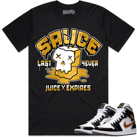 Jordan 1 Mid Patent Black Metallic Gold Shirts - Sauce