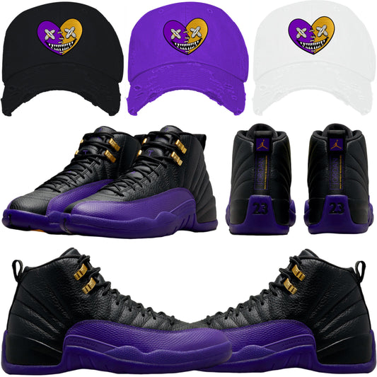Jordan 12 Field Purple 12s Dad Hats - PurpGold Heart Baws