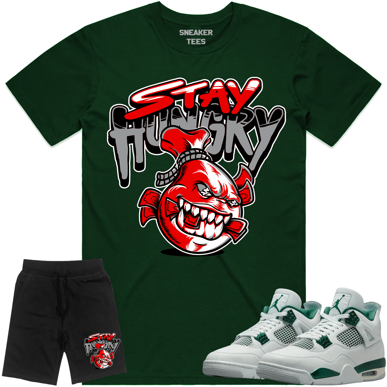 Oxidized Green 4s Sneaker Outfits - Shirt and Shorts - Stay Hungry