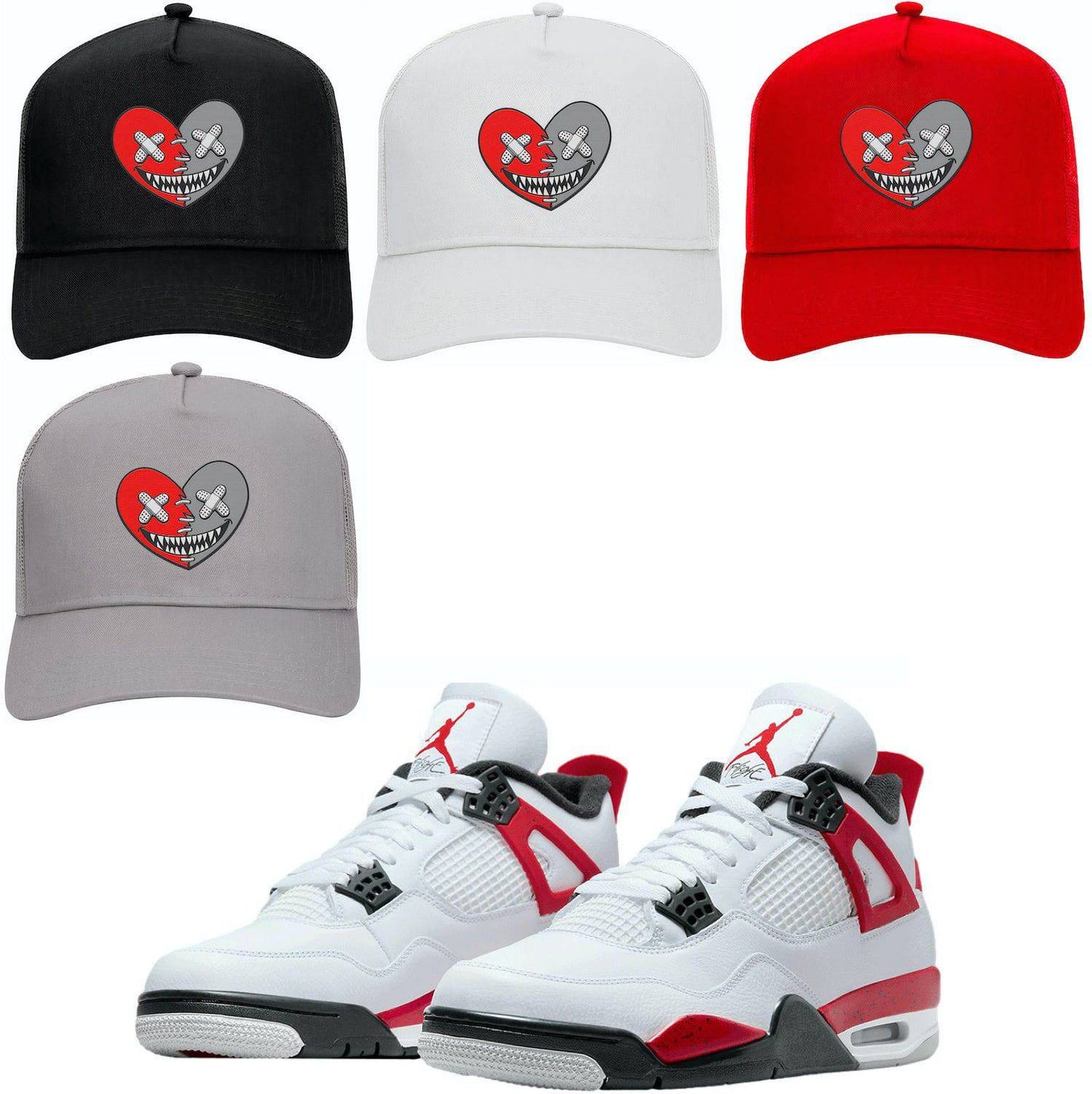 Red Cement 4s Trucker Hats - Jordan 4 Red Cement Hats - Heart